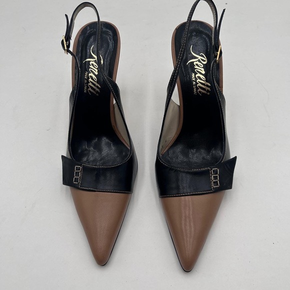 Renetti Shoes - Renetti Tan Black Leather Slingback Pointed Toe Heels Women's Size 6.5 M Spain